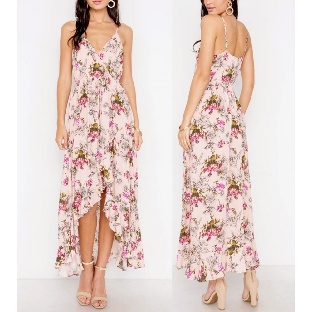 Nude Pink Floral V-Neck Ruffle Skirt Maxi Dress - Picture 6 of 8